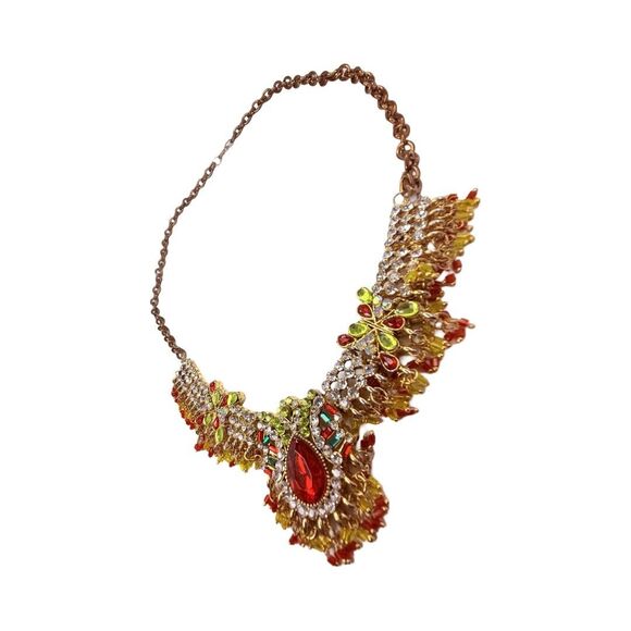 Indian Statement Crystal Necklace & Earrings Set Red Green Gold-Tone Bridal - Picture 7 of 16